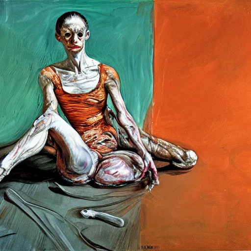 Prompt: high quality high detail painting of a ballerina in agony by lucian freud and jenny saville and francis bacon, hd, dark demonic dancer, turquoise and orange