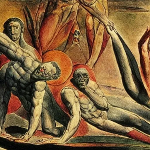Prompt: Things fall apart, the centre cannot hold, mere anarchy is loosed upon the world, painted by William Blake