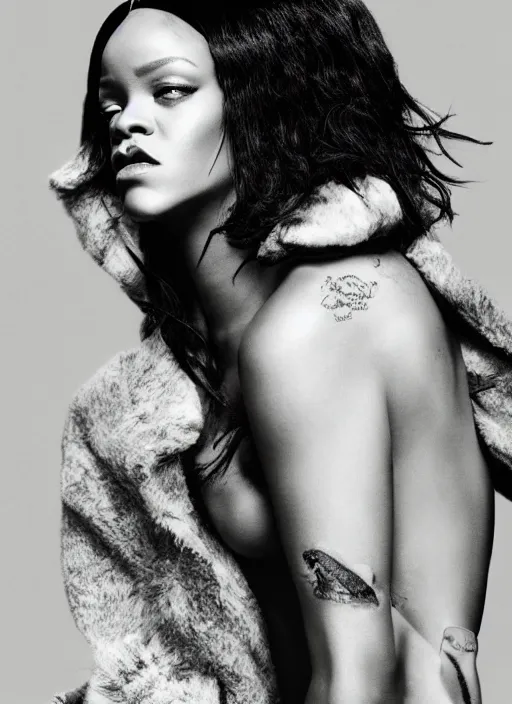 Prompt: rihanna styled by nick knight, posing, style, vogue magazine, highly realistic. high resolution. highly detailed. dramatic. 8 k. 4 k.