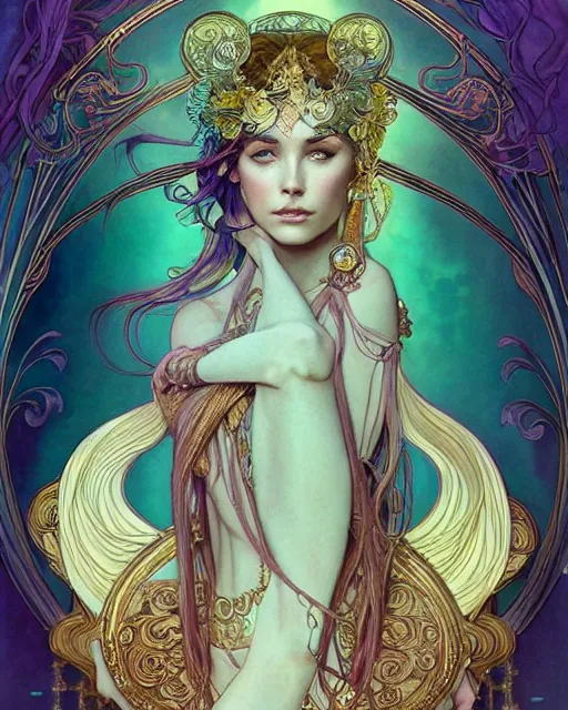 Prompt: a goddess with turquoise hair | highly detailed | very intricate | art nouveau | gold filigree | romantic storybook fantasy | soft cinematic lighting | award - winning | disney concept art watercolor illustration by mandy jurgens and alphonse mucha and alena aenami | pastel color palette | featured on artstation
