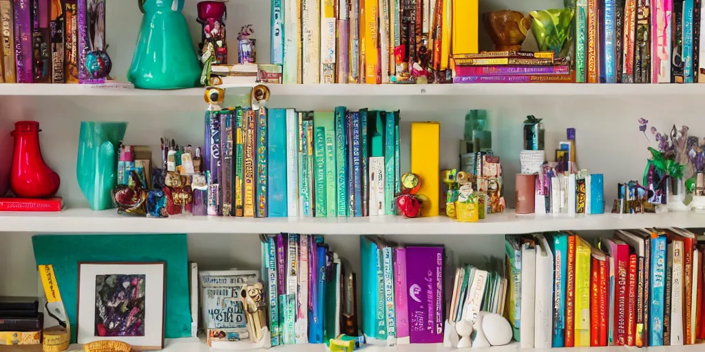 Prompt: a bookshelf full of colorful magic potions