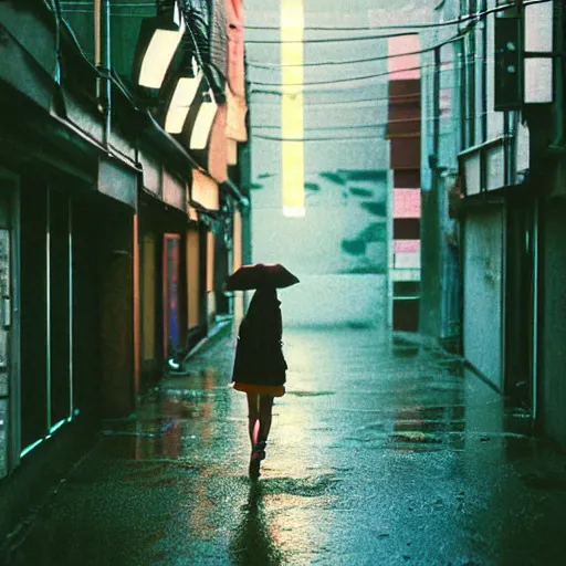 Image similar to 1990s perfect 8K HD professional cinematic photo of close-up japanese schoolgirl walking in dystopian alleyway with neon signs, at evening during rain, at instagram, Behance, Adobe Lightroom, with instagram filters, depth of field, taken with polaroid kodak portra