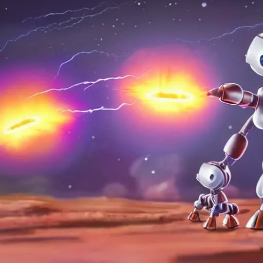 Image similar to cute little robots using ball lightning to destroy planet earth