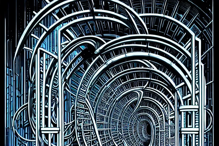 Image similar to a double helix dna cyberpunk steampunk carved archway, art deco high details, lineart, by vincent di fate and joe fenton, inking, screen print, masterpiece, trending on artstation, sharp, high contrast, hyper - detailed, ultrawide, hd, 4 k, 8 k