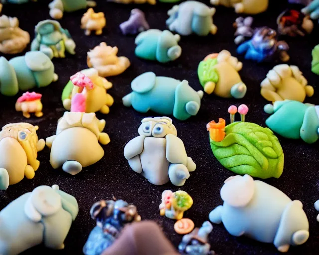 Prompt: tardigrade made of fondant, a table of cakes and candies decorated and assembled to resemble scaled up microscopic organisms, marzipan amoeba, photojournalism