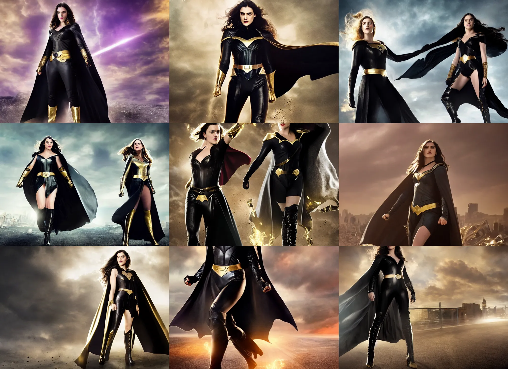 Prompt: epic film still of beautiful katie mcgrath as a superheroine in the new marvel superhero movie, black cape, black leather costume, gold belt,, gold trim, high heeled boots, movie still 8 k, promotional poster