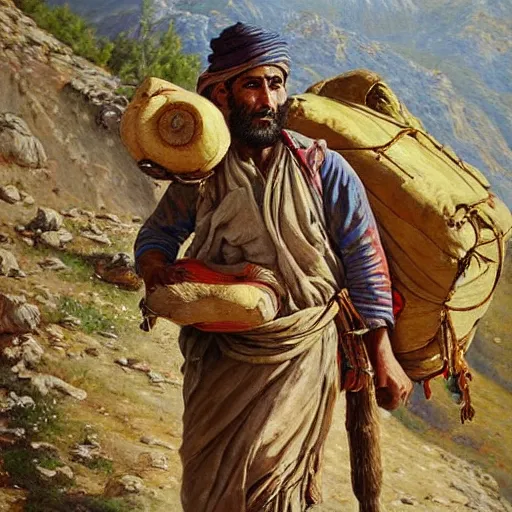 Image similar to kurdish kolbar man walking up a mountain carrying lots of goods on his back, beautiful painting by henry justice ford, incredible detail, award winning art