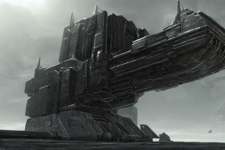 Image similar to monolithic space ship, warhammer 40k, dark souls 3 level, epic scale, gothic scifi