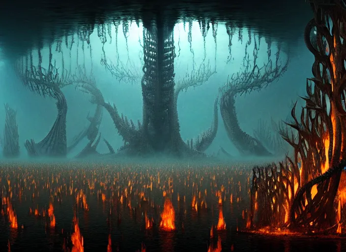 Prompt: underwater fractal of the crowd of people of last survivors on earth witness the end of the world, big fire forest pillar in the center, big titan creature apocalypse scene, by giger and vladimir kush, au naturel, hyper detailed, digital art, trending in artstation, cinematic lighting, studio quality, smooth render, octane rendered...