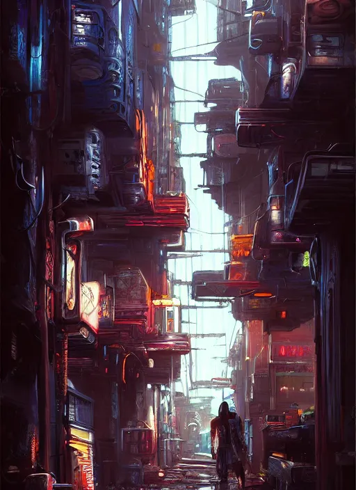 Image similar to airbrushed painting of a cyberpunk alleyway, stunning, featured on artstation, cinematic lighting, hyperdetailed, cgsociety, 8k, dramatic, dark atmosphere, alluring