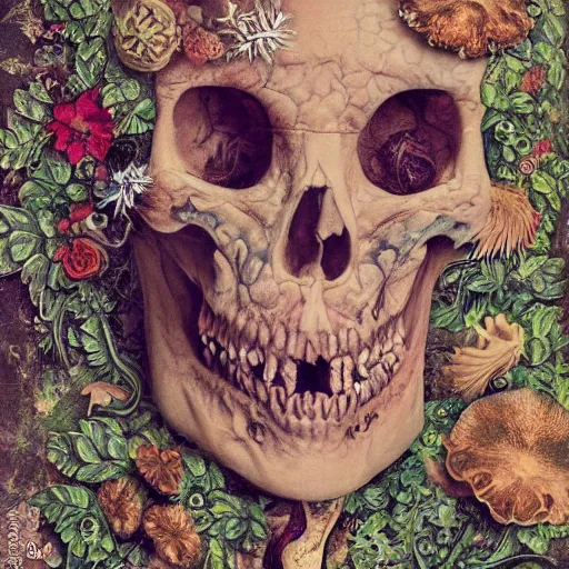 Image similar to a beautiful detailed front view baroque portrait of a rotten woman corpse becoming almost a skull with fractal plants and fractal flowers and mushrooms growing around, intricate, ornate, volumetric light, beautiful lit, polaroid photography