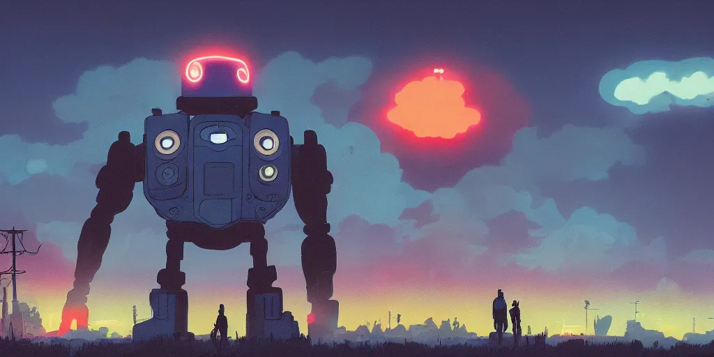 Prompt: Iron Giant, Portrait, Cloudy Sky, Neon Lights, Subject in Middle, Subject in center, Rule of Thirds, Retrofuturism, Simon Stålenhag
