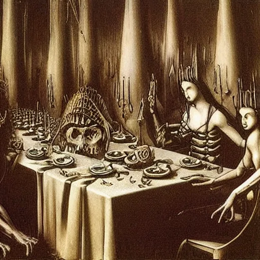 Image similar to last dinner da vinci by Rudolf Giger;