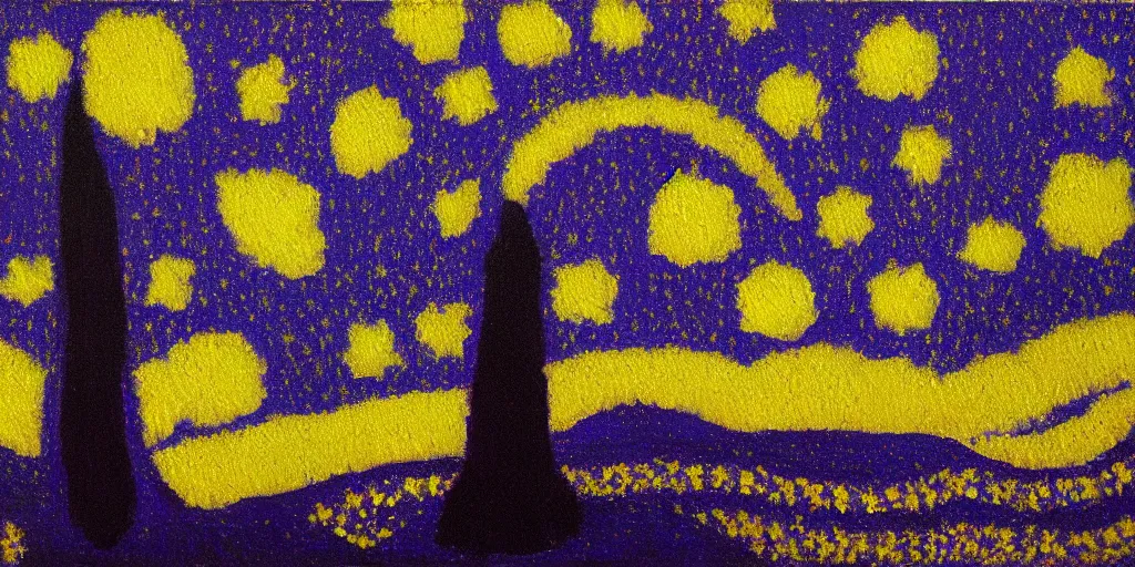 Image similar to starry night, oil painting, yellow and purple scheme, by Georges Seurat