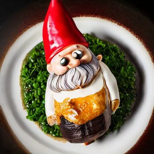 Prompt: roast gnome on a platter, michelin star restaurant, award winning food photography, macro lens