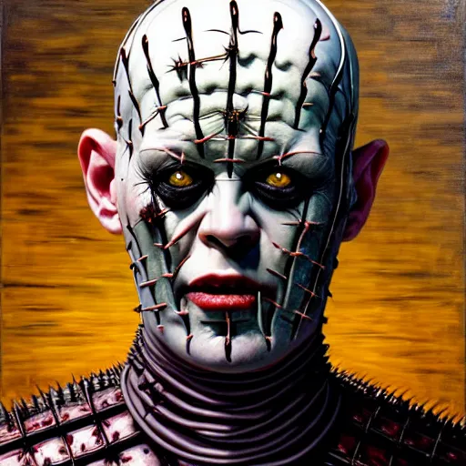 Image similar to portrait of pinhead from hellraiser. demonic cenobite. barbed wire face, blood. oil painting by lucian freud. path traced, highly detailed, high quality, j. c. leyendecker, drew struzan tomasz alen kopera, peter mohrbacher, donato giancola