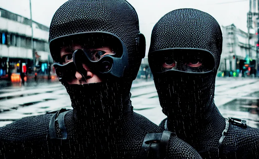 Image similar to cinestill 5 0 d candid photographic portrait by helen levitt of two european mail androids wearing rugged black mesh techwear in treacherous waters, extreme closeup, modern cyberpunk moody depressing cinematic, pouring rain, 8 k, hd, high resolution, 3 5 mm, f / 3 2, ultra realistic faces, ex machina