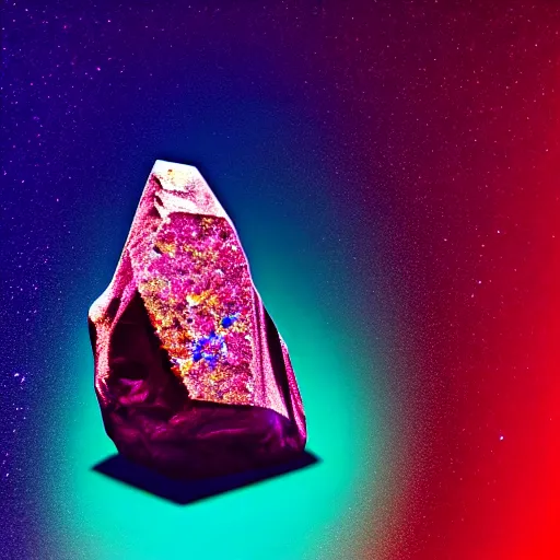 Image similar to a mineral rock, in a dark studio room, vaporwave theme. Photography of rare minerals. Tanzanite, Red Beryl, Bixbite, Red Emerald, Scarlet Emerald, Opal, Quartz, Elbaite, Calcite, Kunzite. in the style of artgerm.