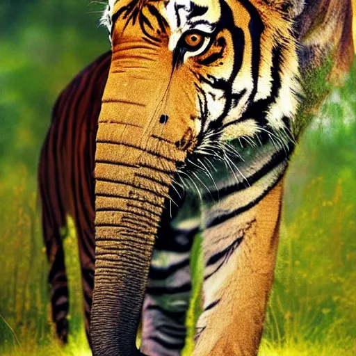 Image similar to tiger elephant hybrid, bold natural colors, national geographic photography, masterpiece, full shot