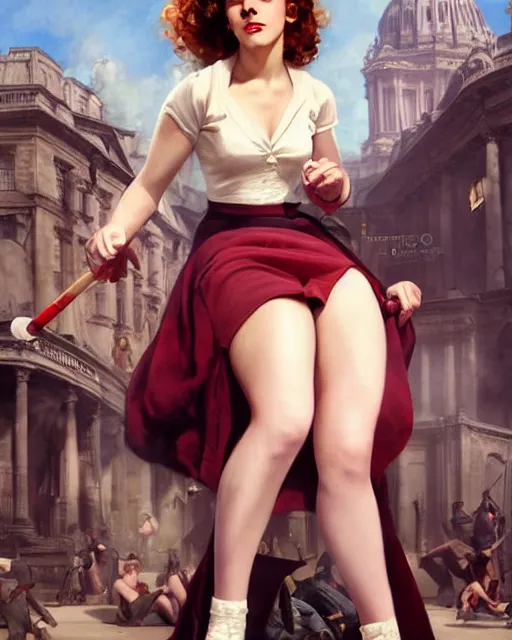 Image similar to pinup photo of hermione granger by emma watson in the crowded square of the city, by greg rutkowski, gil elvgren, enoch bolles, kezie demessance, glossy skin, pearlescent, very coherent, very detailed