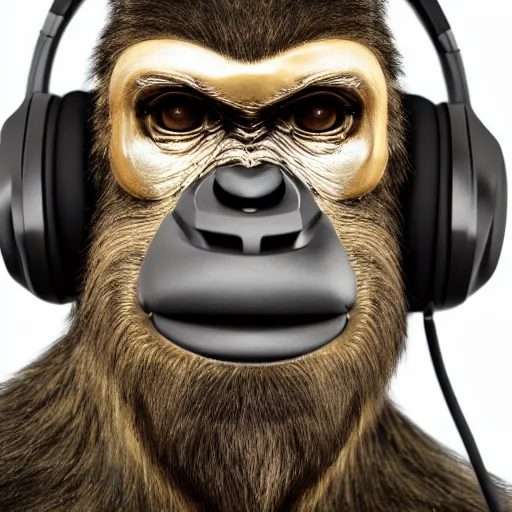 Image similar to a detailed portrait of a cyber punk ape wearing headphones, 8 k