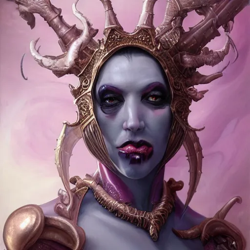 Image similar to closeup portrait shot of brian molko as slaanesh, the prince of pleasure, lord of excess, she who thirsts, desire, highly detailed, digital painting, artstation, concept art, soft focus, depth of field, artgerm, tomasz alen kopera, peter mohrbacher, donato giancola, wlop, boris vallejo