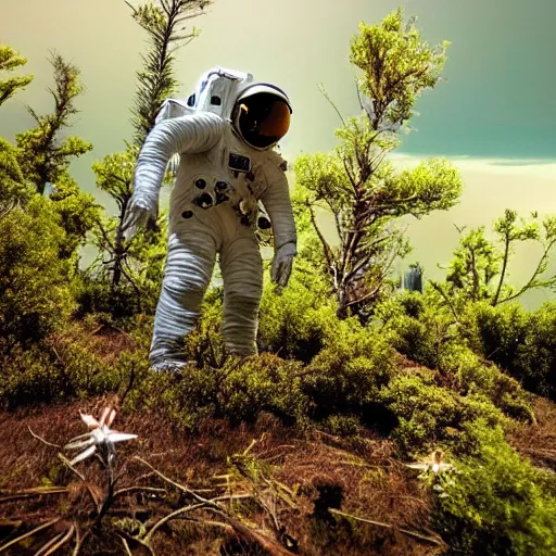 Prompt: an astronaut on an alien planet teeming with vegetation