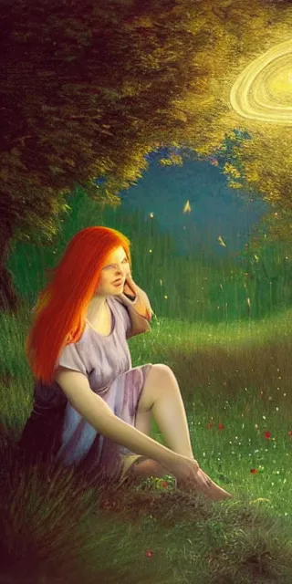 Image similar to infp young woman, smiling, amazed by golden fireflies lights, sitting in the midst of nature fully covered, long loose red hair, intricate linework, green eyes, small nose with freckles, oval shape face, realistic, expressive emotions, dramatic lights, hyper realistic ultrafine art by artemisia gentileschi, albert bierstadt, artgerm