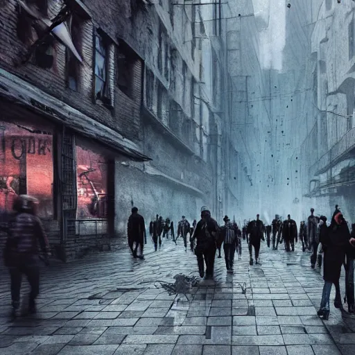 Image similar to hordes of drone-like people aimlessly walking around a depressing dystopian cityscape , trending on artststion, hyper realistic, surreal, melancholic, 8k, upscaled