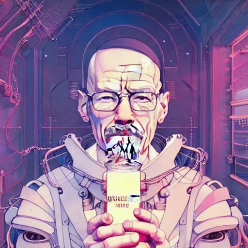 Image similar to a beautiful cyborg cyberpunk exquisite delicate hyperdetailed design 4 k wallpaper illustration walter white poster of strawberry milk, by james jean, victo ngai, studio ghibli, makoto shinkai, raphael lacoste, louis comfort tiffany, denoise, deblurring, artgerm, ross tran, alphonse maria mucha, krenz cushart