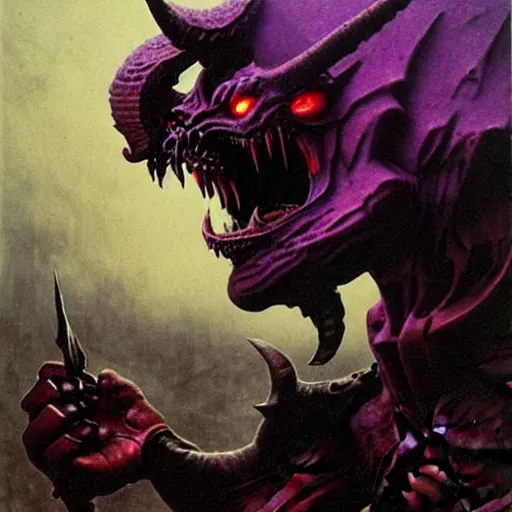 Image similar to demon with purple chestplate and black armor, muscles, balrog, beksinski