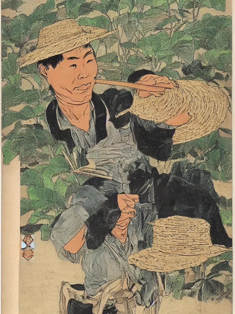 Image similar to portrait of a chinese farmer with a rice hat, marvel comic book