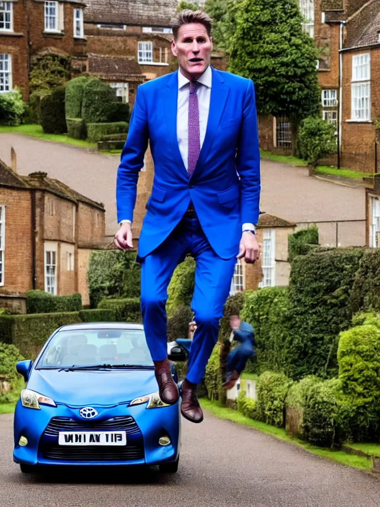 Image similar to Sir Kier Starmer wearing a blue suit jumping on top of a toyota yaris