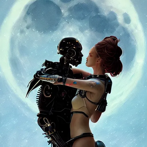 Prompt: A female cyborg kissing their lover, silhouetted by a gigantic Moon, fantasy art by Greg Rutkowski