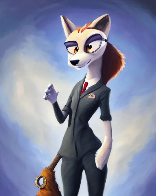 Image similar to oil painting of anthromorphic female wolf, in style of zootopia, female fursona, furry, furaffinity, 4 k, deviantart, furry art, fursona art, wearing black business suit, business suit, wolf fursona, female, smug expression,