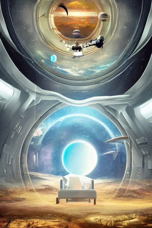 Image similar to Inside a room alien spaceship with large window that provide a scenic view of a huge planet can be seen in the background, Highly detailed labeled, poster, aesthetic, haeccety