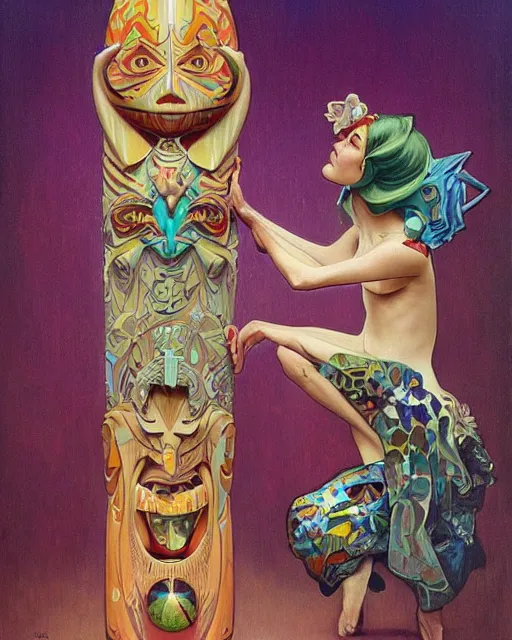 Prompt: a painting of a tribal tiki totem pole, a surrealist painting by Naoto Hattori, alphonse mucha, by RHADSan beeple, trending on deviantart, pop surrealism, lowbrow, grotesque, whimsical