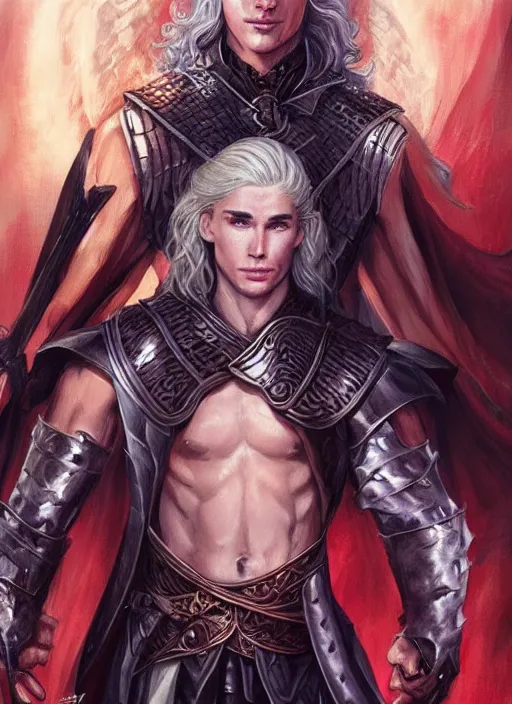 Image similar to handsome viserys targaryen as a muscular angel of battle, urban fantasy romance book cover, D&D!, fantasy style, sharp focus!, ultra detailed, art by Artgerm and Peter Andrew Jones, WLUP