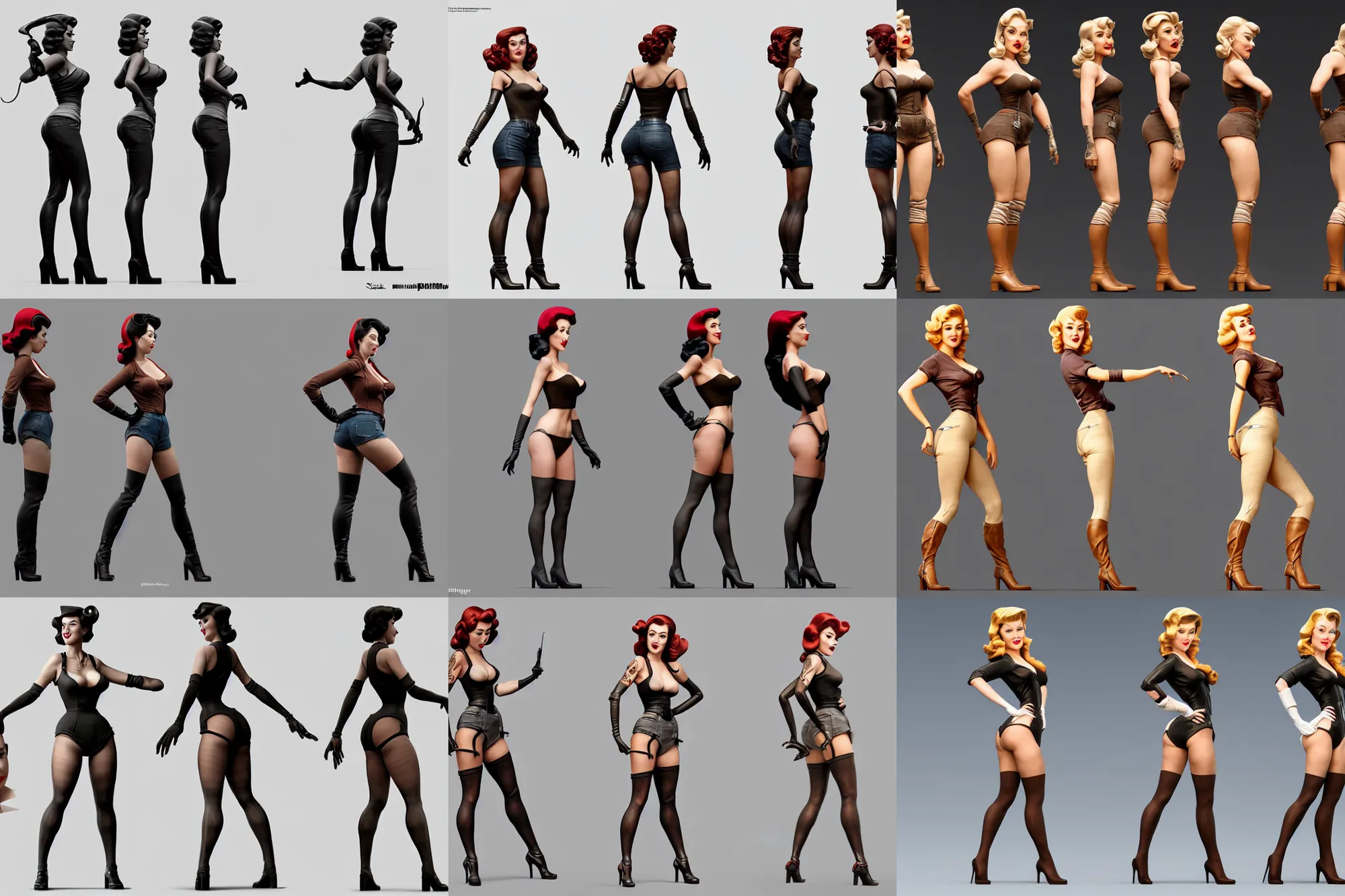 Prompt: frontal and side view and back view of a badass pin up female character, character design by steven stahlberg and weta digital workshop, character model sheet, full body, cg awards gallery, awarded on cgsociety, symetrical face, detailed face, t pose, neutral pose, 4 k, zbrush, hd, by steven stahlberg and disney