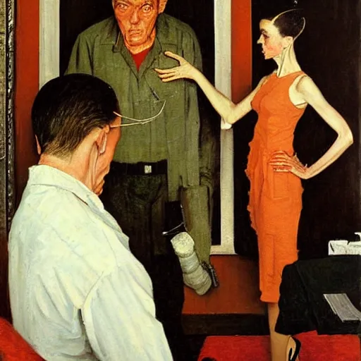 Prompt: a thin man is horrified by an oil painting of his wife, painted by norman rockwell and tom lovell and frank schoonover