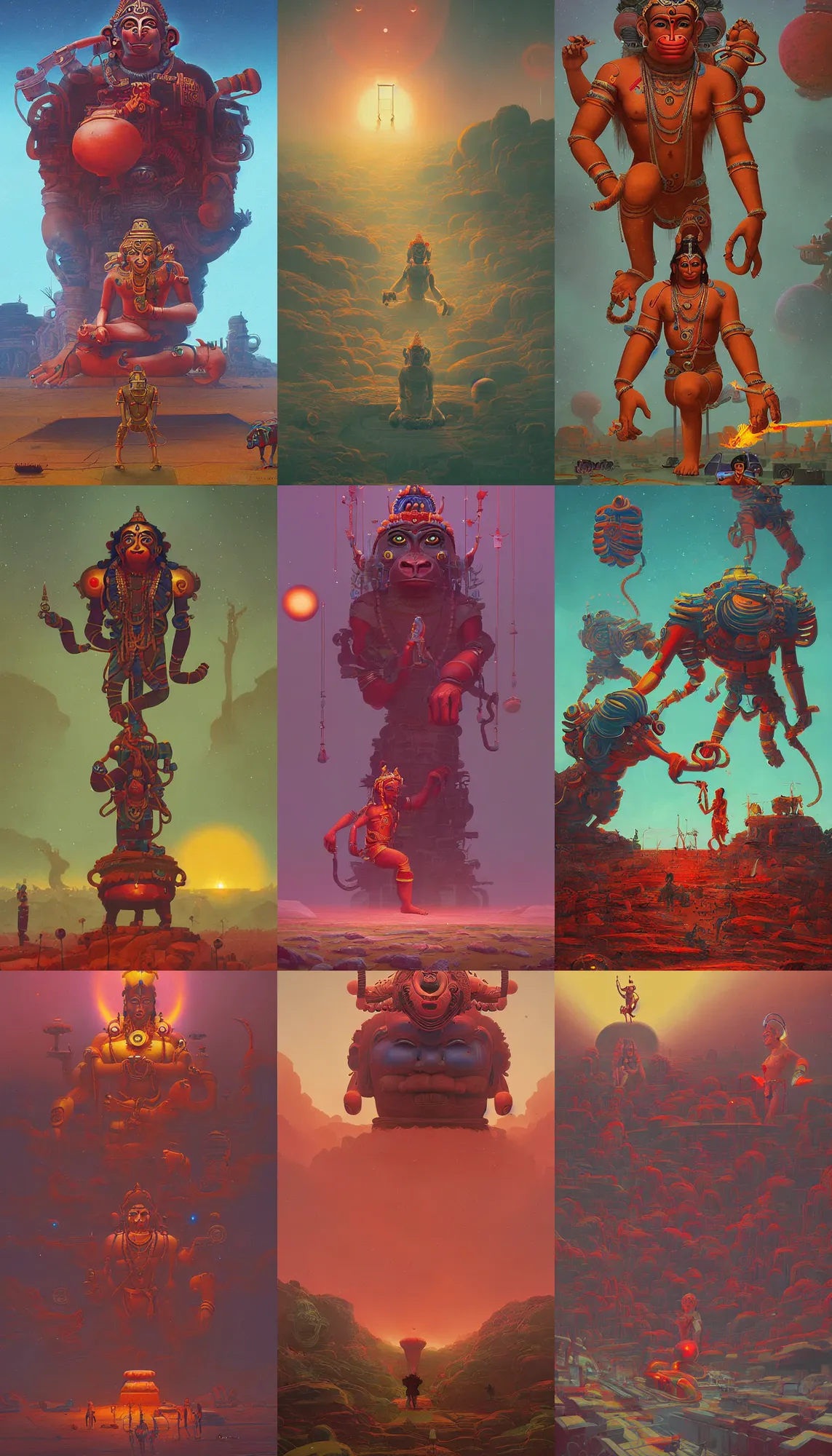 Prompt: techno artwork,. the cosmic battle of the indian gods with hanuman by simon stalenhag.