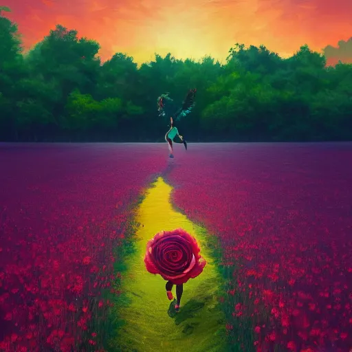 Image similar to giant rose flower head, full body girl running through a flower field, surreal photography, sunrise, dramatic light, impressionist painting, colorful clouds, digital painting, artstation, simon stalenhag