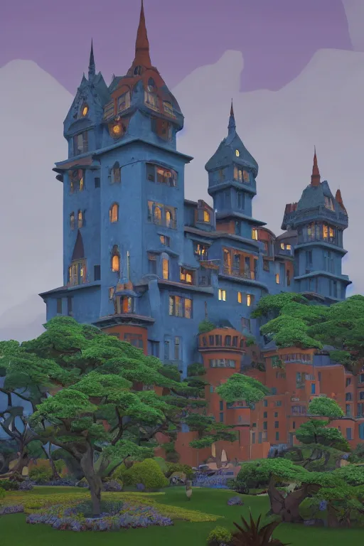 Image similar to view of the mysterious blue tower in its gardens after a storm, tall windows lit up, beautiful ornamental architecture, dramatic cinematic lighting, rich colors, by Nicholas Roerich and William Dyce and April Gornik and Ludwig Deutsch , unreal engine