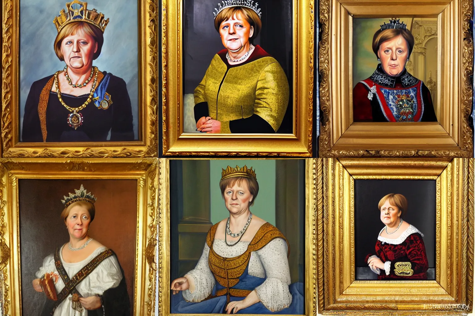Prompt: Portrait of Merkel as king, antique painting, oil painting, aristocrat, crown