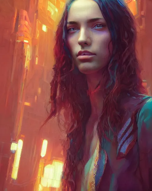 Image similar to portrait of a brunette hippie, but set in the future 2 1 5 0 | highly detailed | very intricate | symmetrical | professional model | cinematic lighting | award - winning | painted by mandy jurgens | pan futurism, dystopian, bold colors, cyberpunk, anime aesthestic | featured on artstation