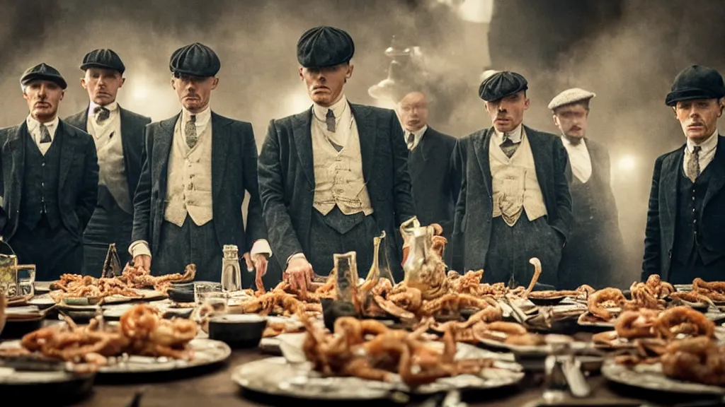 Prompt: the peaky blinders made out of shrimps, film still from the movie directed by denis villeneuve with art direction by zdzis