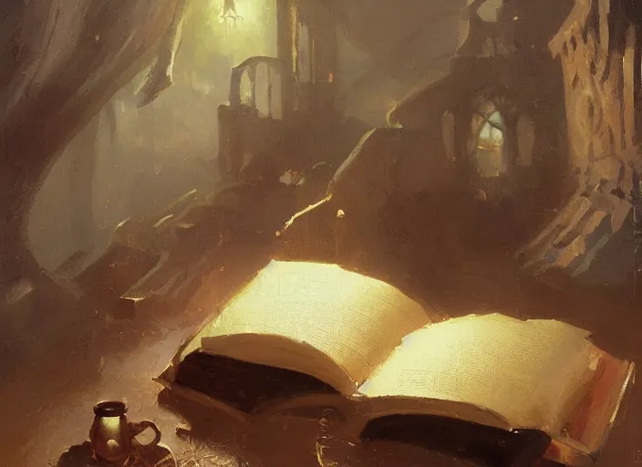 Image similar to oil painting of mysterious book, wonderful masterpiece by greg rutkowski, beautiful cinematic light, american romanticism by greg manchess, creation by tyler edlin