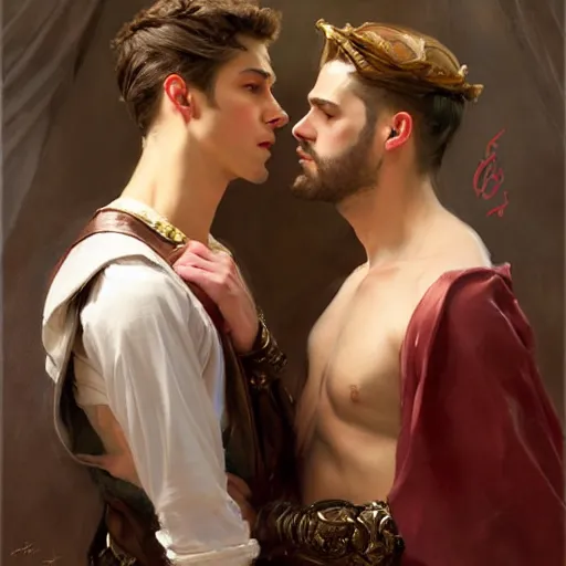 Image similar to attractive fully clothed king confesses his love for his attractive fully clothed male prince. highly detailed painting by daniel f. gerhartz, j. c. leyendecker 8 k