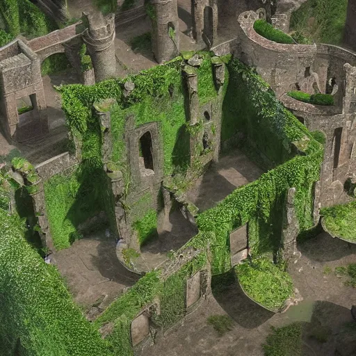 Image similar to giant ancient castle in an forest with some ivy plants on the walls, cinematic, epic, dramatic lighting from above, dark, vines, fantasy, dust, unreal engine, octane, highly detailed, concept art, dark, super realistic