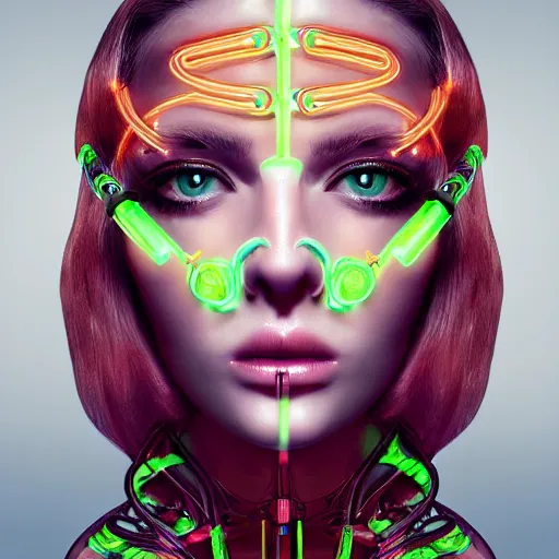 Prompt: very beautiful woman, bionic pupils, full face frontal centered, portrait, detailed intricate symmetrical ornate neon cables connected to head, clear lips, luxurious long hair, sophisticated abunden!! neon wiring and implants, translucent!, porcelain, fractal, sci fi, dramatic lighting, photography, highly detailed, artstation, deviantart, 8 k, by chie yoshii